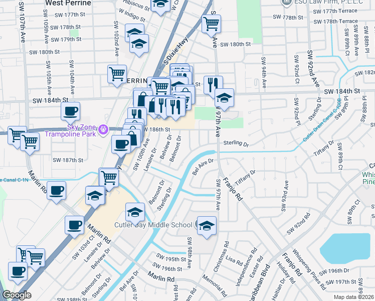 map of restaurants, bars, coffee shops, grocery stores, and more near 9801 Sterling Drive in Cutler Bay