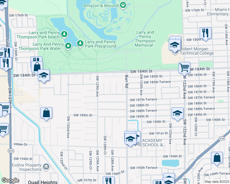 map of restaurants, bars, coffee shops, grocery stores, and more near 18690 Southwest 127th Place in Miami