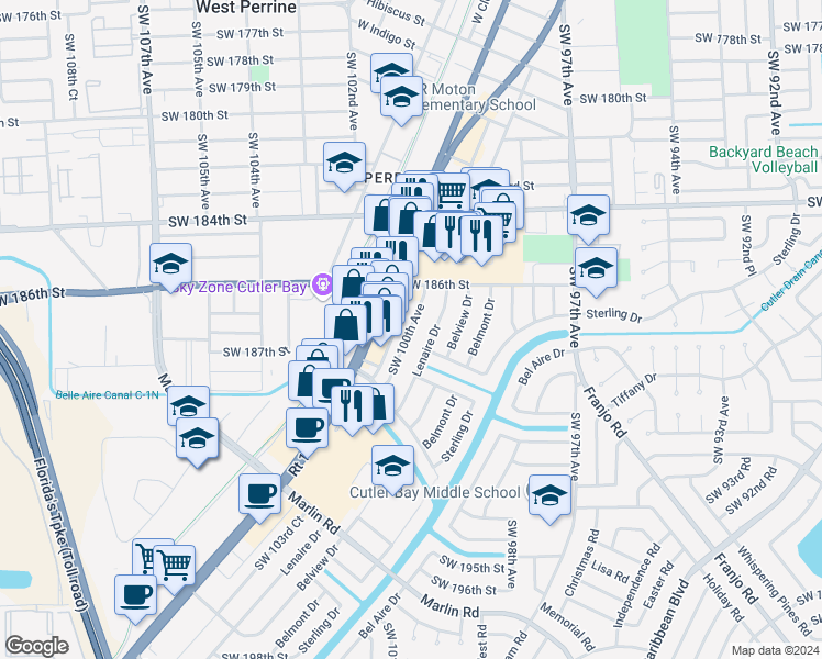 map of restaurants, bars, coffee shops, grocery stores, and more near 18676 Southwest 100th Avenue in Cutler Bay