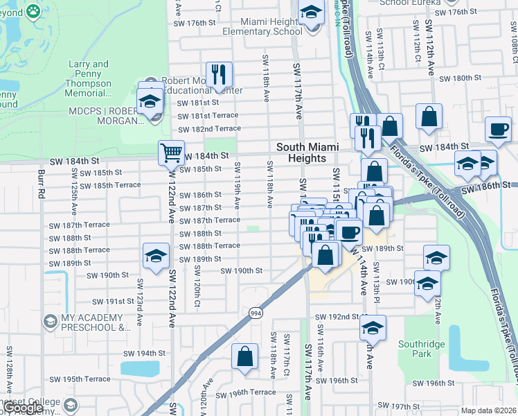 map of restaurants, bars, coffee shops, grocery stores, and more near 11830 Southwest 187th Street in Miami
