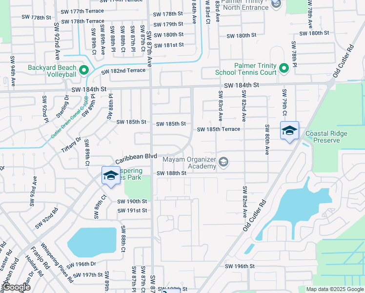 map of restaurants, bars, coffee shops, grocery stores, and more near 18560 Caribbean Boulevard in Cutler Bay