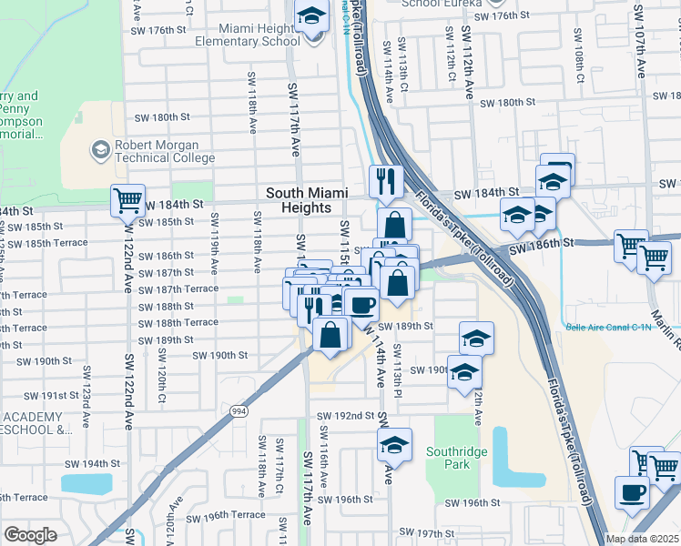 map of restaurants, bars, coffee shops, grocery stores, and more near 11500 Southwest 187th Street in Miami