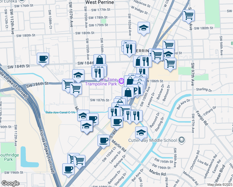 map of restaurants, bars, coffee shops, grocery stores, and more near 18681 Southwest 103rd Court in Miami
