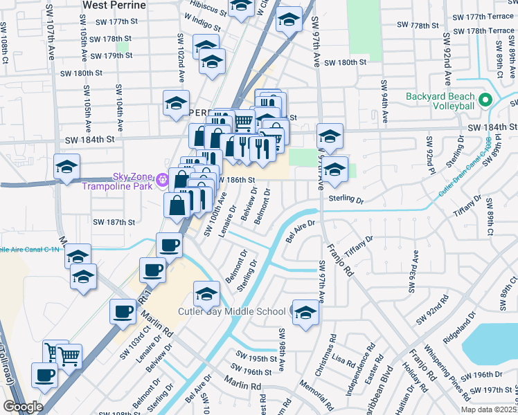 map of restaurants, bars, coffee shops, grocery stores, and more near 18660 Belmont Drive in Cutler Bay