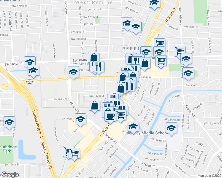 map of restaurants, bars, coffee shops, grocery stores, and more near 18681 Southwest 103rd Court in Miami