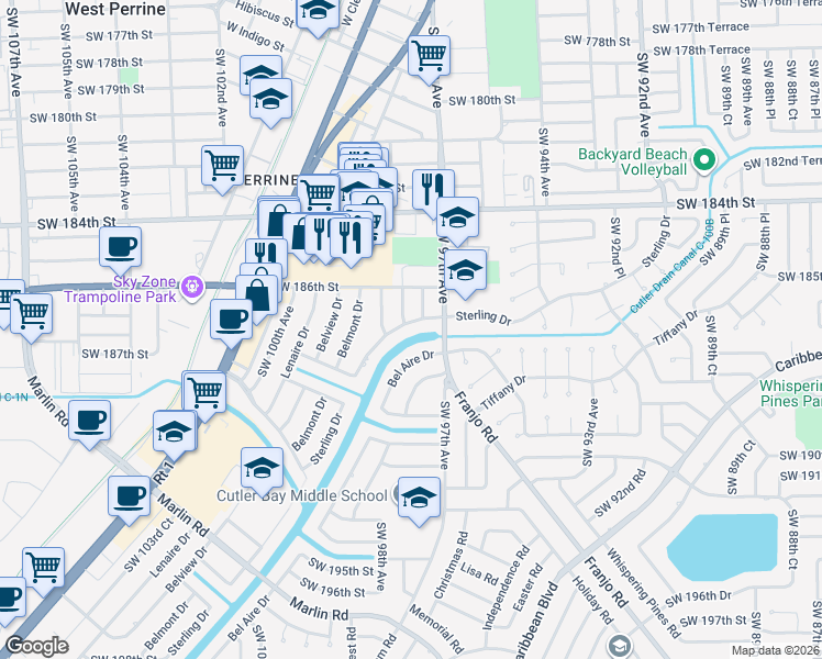 map of restaurants, bars, coffee shops, grocery stores, and more near 9730 Sterling Drive in Cutler Bay