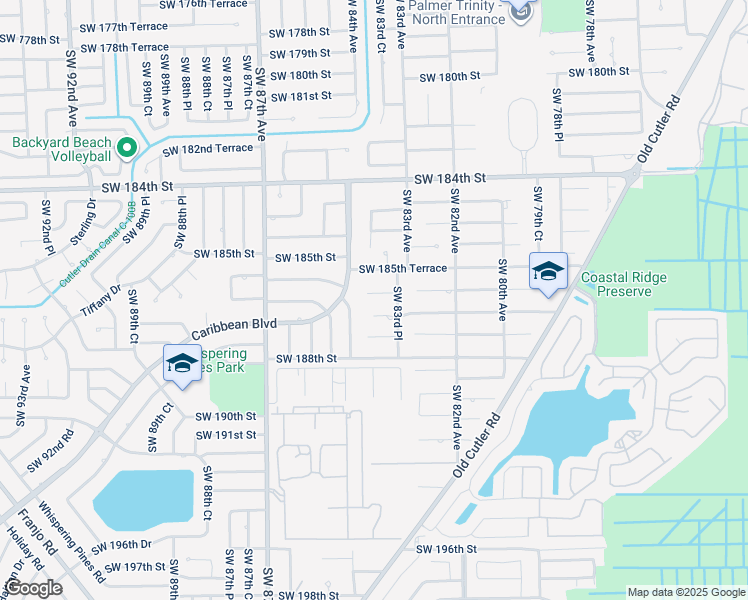 map of restaurants, bars, coffee shops, grocery stores, and more near 18601 Southwest 84th Avenue in Cutler Bay