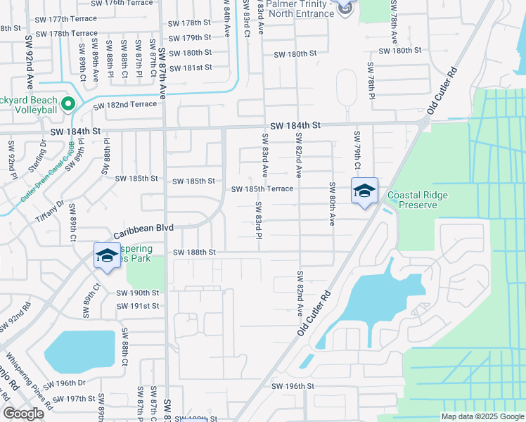 map of restaurants, bars, coffee shops, grocery stores, and more near 8350 Southwest 186th Street in Cutler Bay