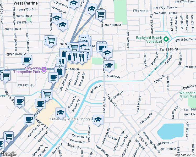 map of restaurants, bars, coffee shops, grocery stores, and more near 9730 Sterling Drive in Cutler Bay