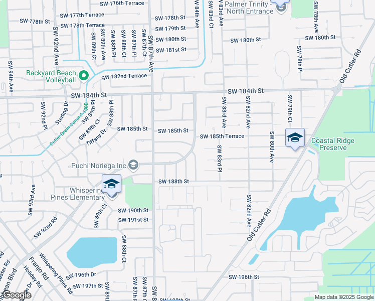 map of restaurants, bars, coffee shops, grocery stores, and more near 18560 Caribbean Boulevard in Cutler Bay