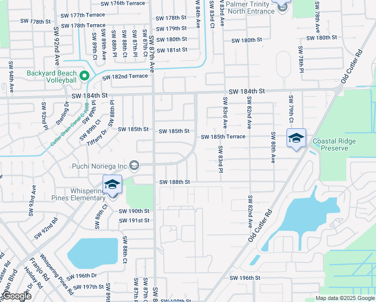map of restaurants, bars, coffee shops, grocery stores, and more near 18560 Caribbean Boulevard in Cutler Bay