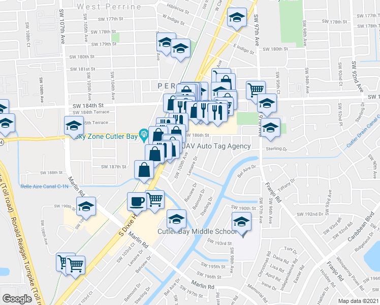 map of restaurants, bars, coffee shops, grocery stores, and more near 18671 Lenaire Drive in Cutler Bay