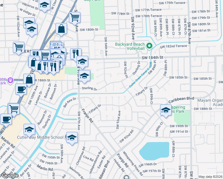 map of restaurants, bars, coffee shops, grocery stores, and more near 18611 Southwest 93rd Place in Cutler Bay