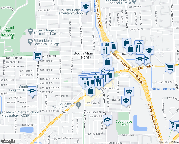 map of restaurants, bars, coffee shops, grocery stores, and more near 11500 Southwest 187th Street in Miami