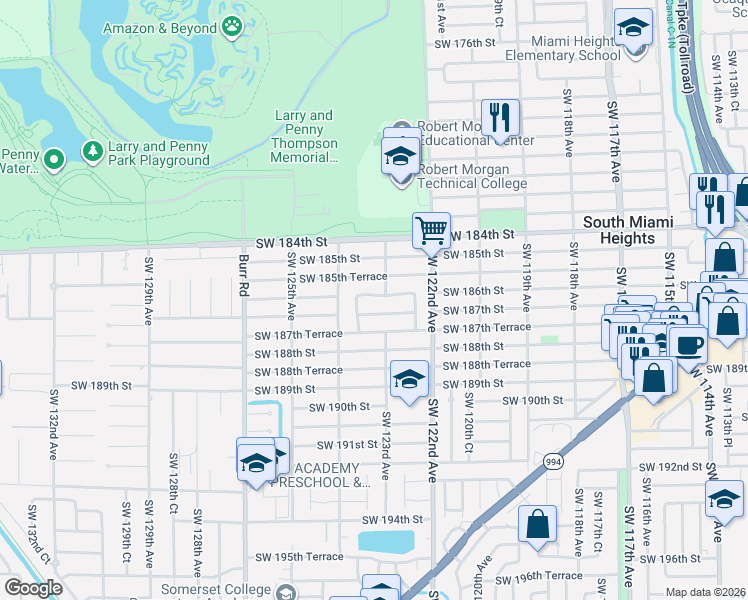map of restaurants, bars, coffee shops, grocery stores, and more near 12301 Southwest 187th Street in Miami