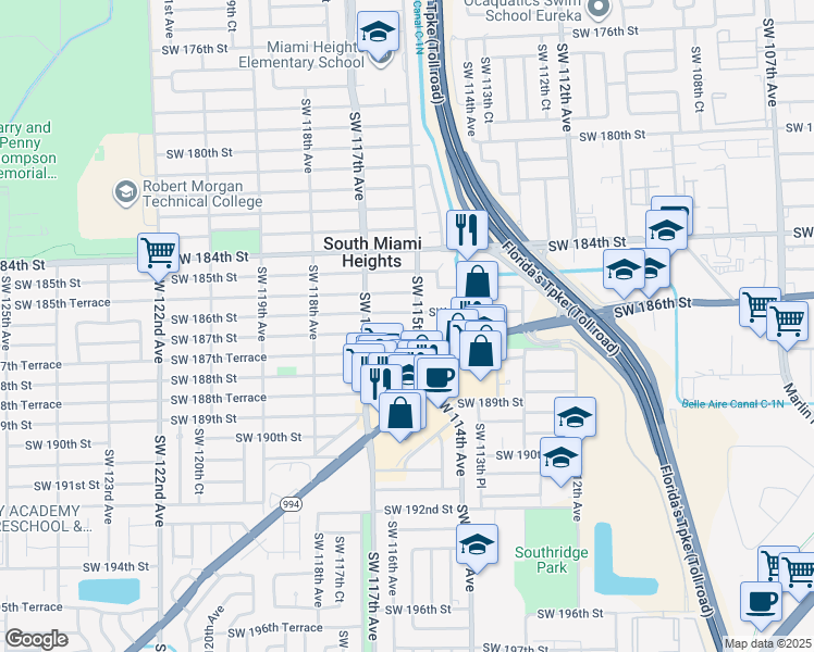 map of restaurants, bars, coffee shops, grocery stores, and more near 11500 Southwest 187th Street in Miami