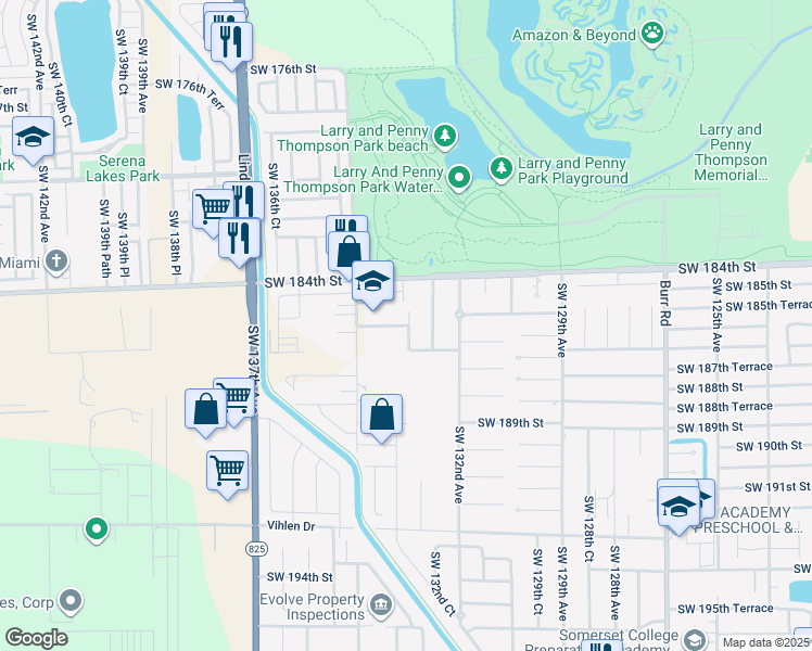 map of restaurants, bars, coffee shops, grocery stores, and more near 18669 Southwest 133rd Avenue in Miami