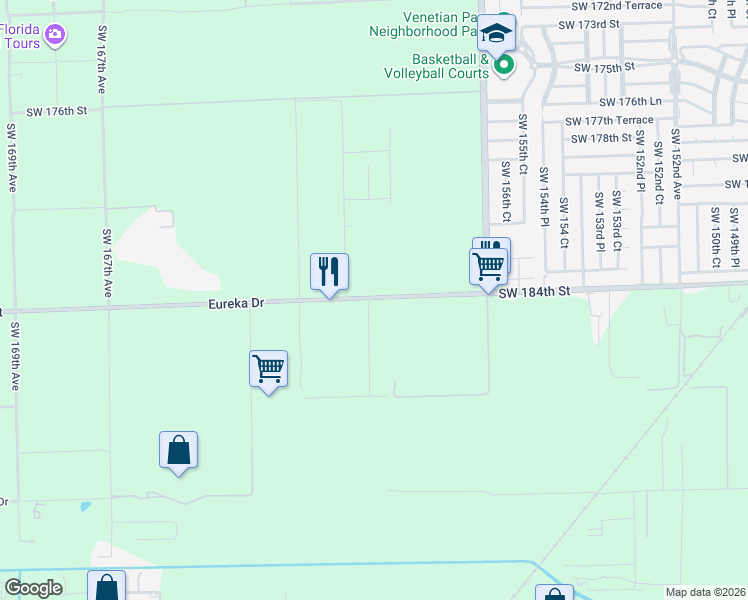 map of restaurants, bars, coffee shops, grocery stores, and more near 15900 Southwest 184th Street in Miami