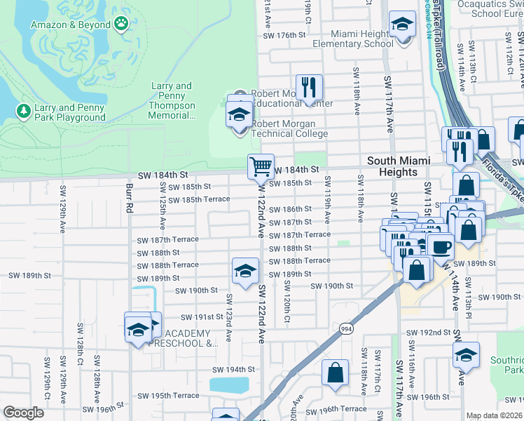 map of restaurants, bars, coffee shops, grocery stores, and more near 18711 Southwest 122nd Court in Miami
