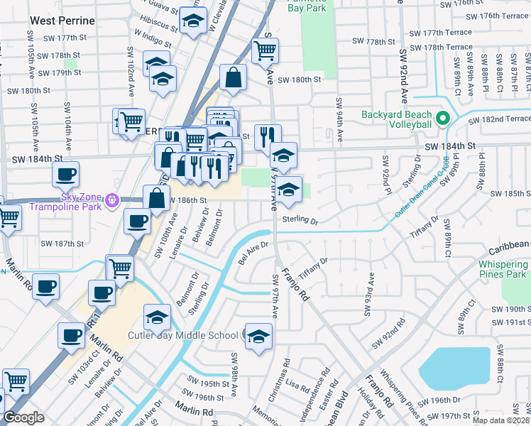 map of restaurants, bars, coffee shops, grocery stores, and more near 18600 Southwest 97th Court in Cutler Bay