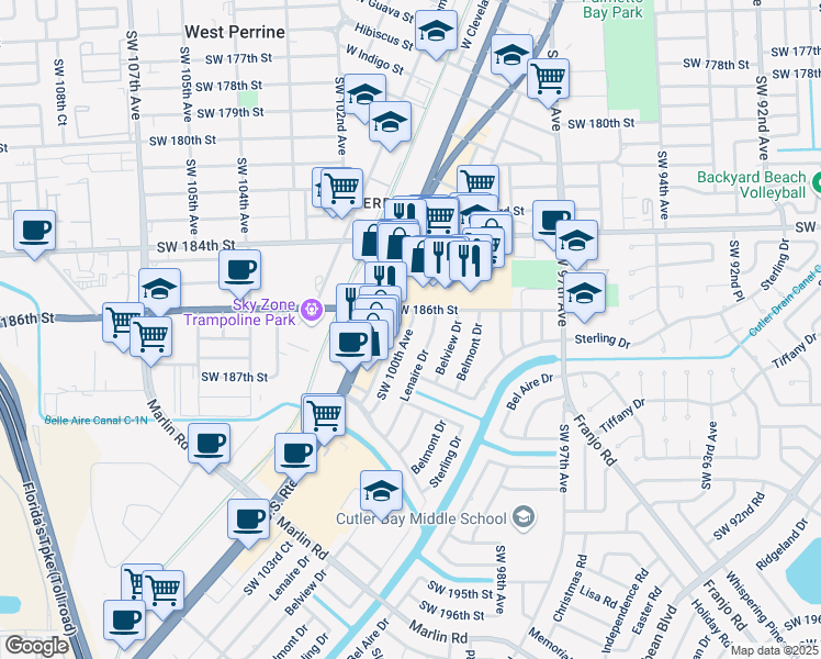 map of restaurants, bars, coffee shops, grocery stores, and more near 18600 Lenaire Drive in Cutler Bay