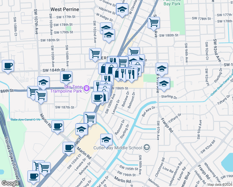 map of restaurants, bars, coffee shops, grocery stores, and more near 18600 Lenaire Drive in Cutler Bay