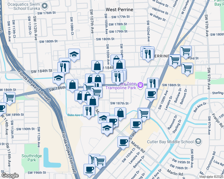 map of restaurants, bars, coffee shops, grocery stores, and more near 10490 Quail Roost Drive in Miami