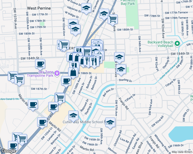 map of restaurants, bars, coffee shops, grocery stores, and more near 18601 Belview Drive in Cutler Bay