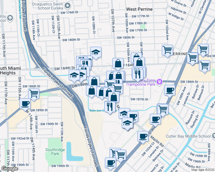 map of restaurants, bars, coffee shops, grocery stores, and more near 10740 Quail Roost Drive in Miami
