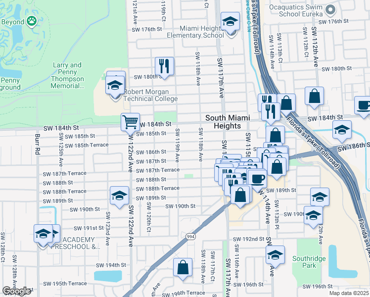 map of restaurants, bars, coffee shops, grocery stores, and more near 11900 Southwest 185th Terrace in Miami