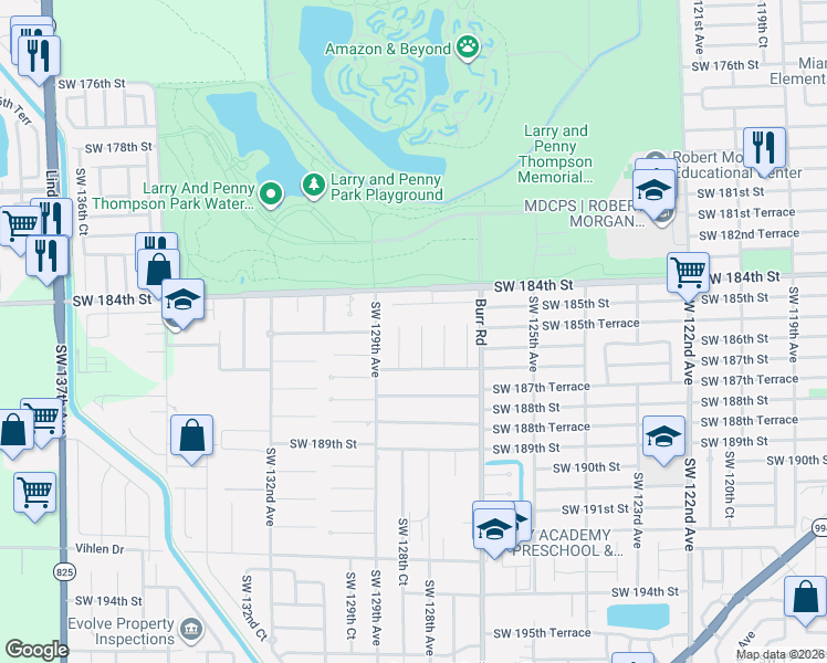 map of restaurants, bars, coffee shops, grocery stores, and more near 18521 Southwest 128th Court in Miami