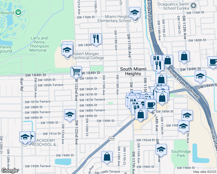 map of restaurants, bars, coffee shops, grocery stores, and more near 11900 Southwest 185th Terrace in Miami