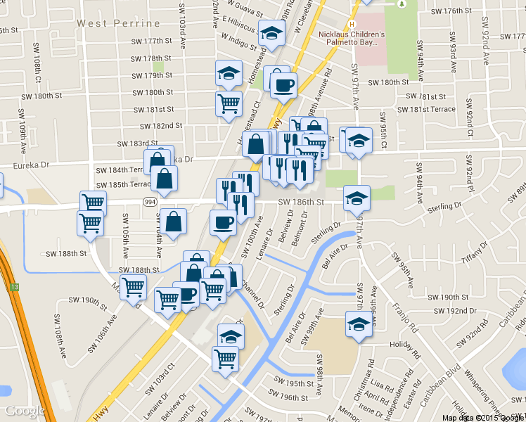 map of restaurants, bars, coffee shops, grocery stores, and more near 18600 Lenaire Drive in Cutler Bay