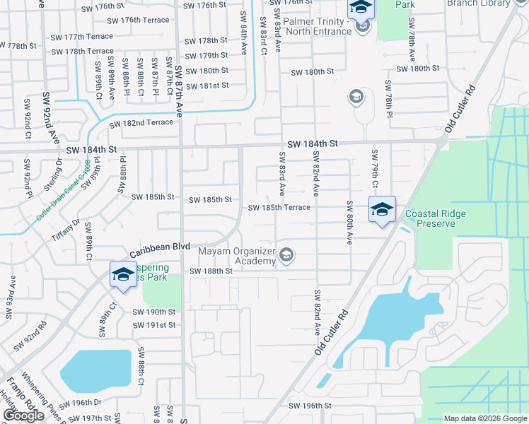 map of restaurants, bars, coffee shops, grocery stores, and more near 8345 Southwest 185th Terrace in Cutler Bay