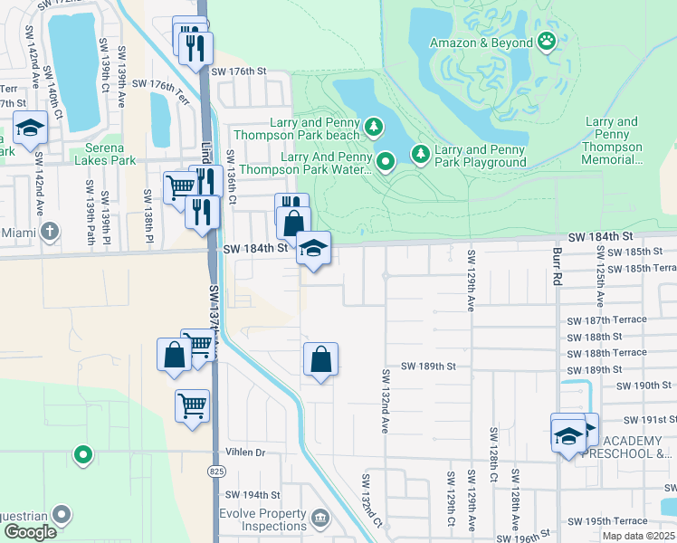 map of restaurants, bars, coffee shops, grocery stores, and more near 18540 Southwest 133rd Avenue in Miami