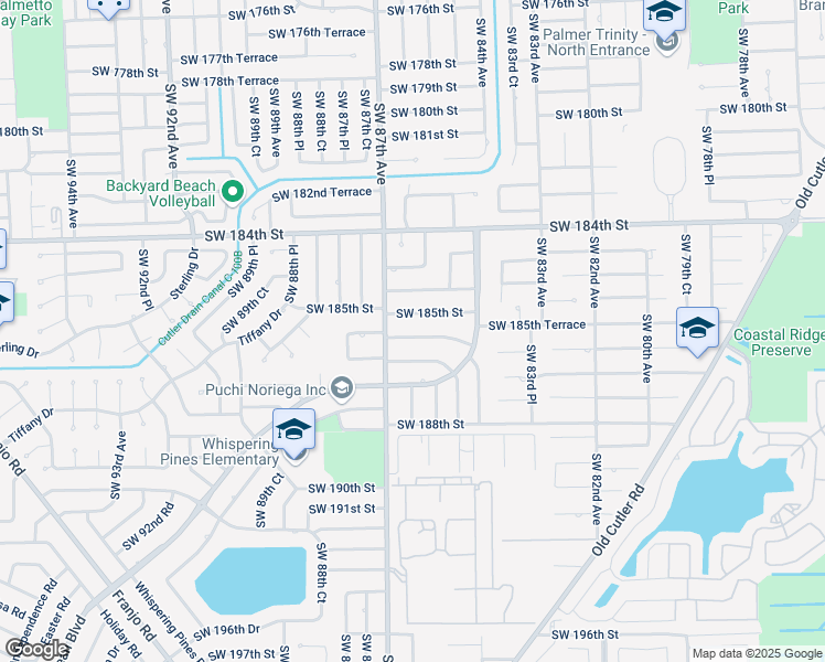 map of restaurants, bars, coffee shops, grocery stores, and more near 8600 Southwest 185th Street in Cutler Bay