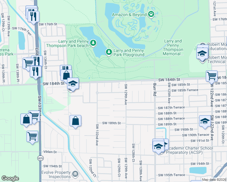 map of restaurants, bars, coffee shops, grocery stores, and more near 18501 Southwest 130th Avenue in Miami