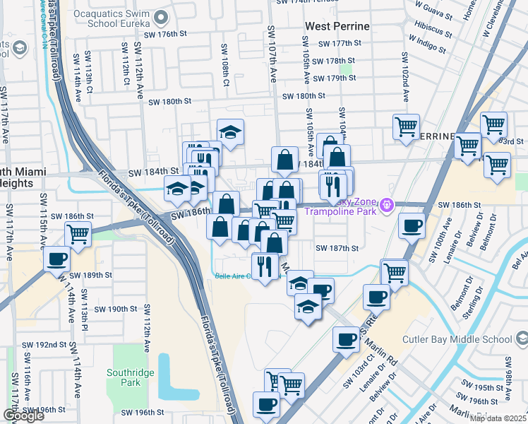 map of restaurants, bars, coffee shops, grocery stores, and more near 10740 Quail Roost Drive in Miami