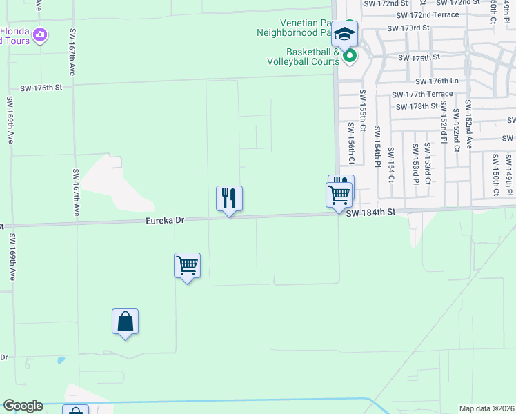 map of restaurants, bars, coffee shops, grocery stores, and more near 15900 Southwest 184th Street in Miami