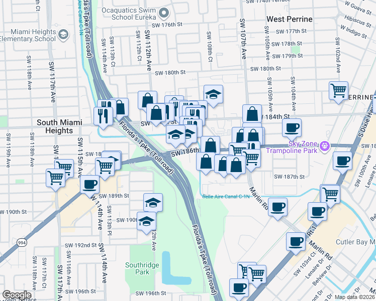 map of restaurants, bars, coffee shops, grocery stores, and more near 11017 Southwest 186th Street in Miami