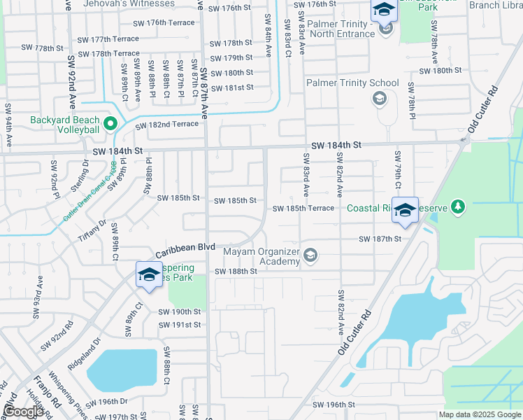 map of restaurants, bars, coffee shops, grocery stores, and more near 18495 Caribbean Boulevard in Cutler Bay