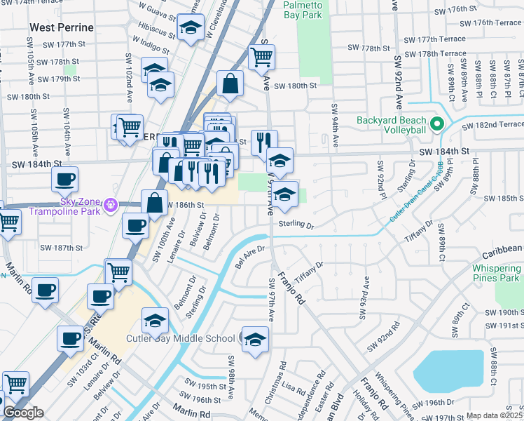 map of restaurants, bars, coffee shops, grocery stores, and more near 18600 Southwest 97th Court in Cutler Bay