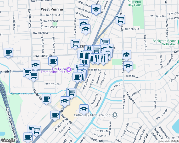 map of restaurants, bars, coffee shops, grocery stores, and more near 18600 Lenaire Drive in Cutler Bay