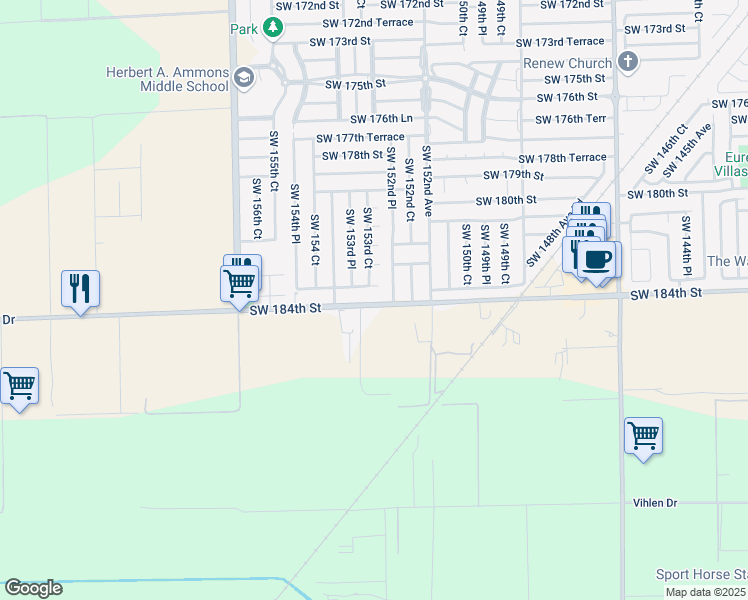 map of restaurants, bars, coffee shops, grocery stores, and more near 15332 Southwest 183rd Terrace in Miami