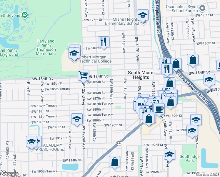 map of restaurants, bars, coffee shops, grocery stores, and more near 11900 Southwest 185th Terrace in Miami