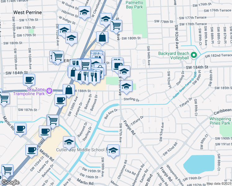 map of restaurants, bars, coffee shops, grocery stores, and more near 18600 Southwest 97th Court in Cutler Bay