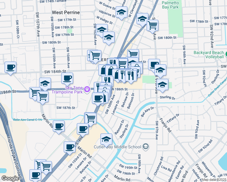 map of restaurants, bars, coffee shops, grocery stores, and more near 18600 Lenaire Drive in Cutler Bay