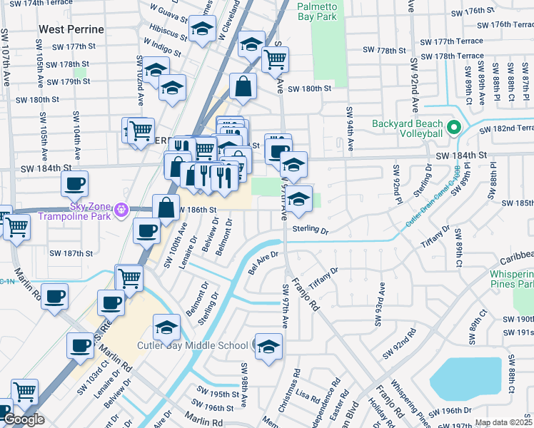map of restaurants, bars, coffee shops, grocery stores, and more near 18600 Southwest 97th Court in Cutler Bay