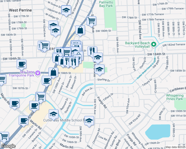 map of restaurants, bars, coffee shops, grocery stores, and more near 18600 Southwest 97th Court in Cutler Bay