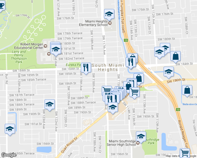 map of restaurants, bars, coffee shops, grocery stores, and more near 11752 Southwest 185th Terrace in Miami